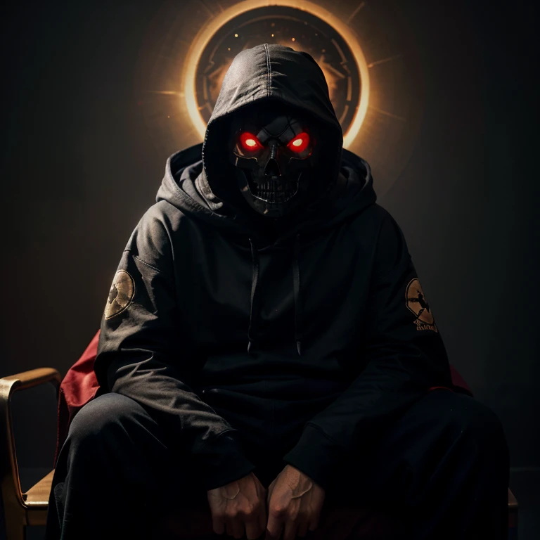 Golden skull face, wearing a dark cape with a hoodie, high quality, galaxy in the background,sitting on a chair, glowing red eyes,