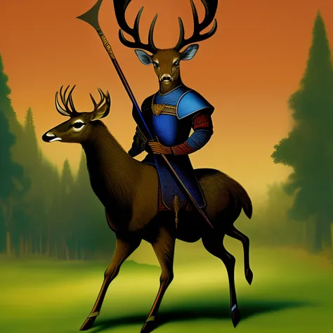 Conquistador deer wearing a helmet with red plume and holding a halberd