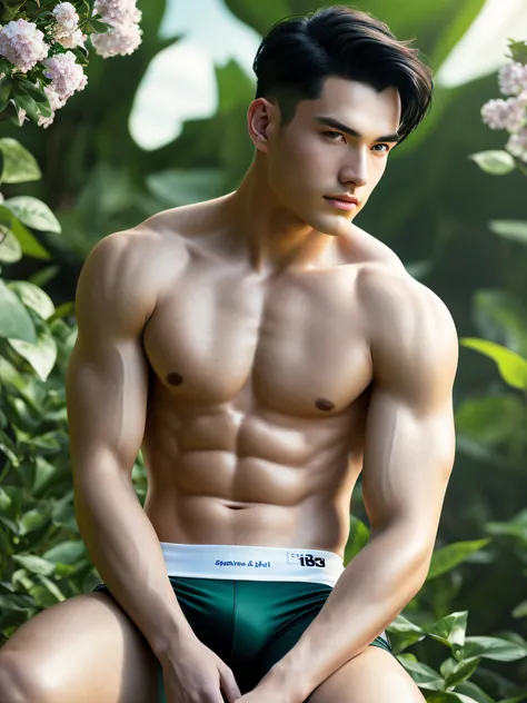 1人, ((Male model)) Warm skin, Masterpiece, Best quality, The most beautiful man in the world, By Shen Quan, Mayoral bodies, Handsome male model, an attractive man 18-24 years old aesthetic, Blooms in spring, Green fields, Spring, uni, green trees, flower, ...