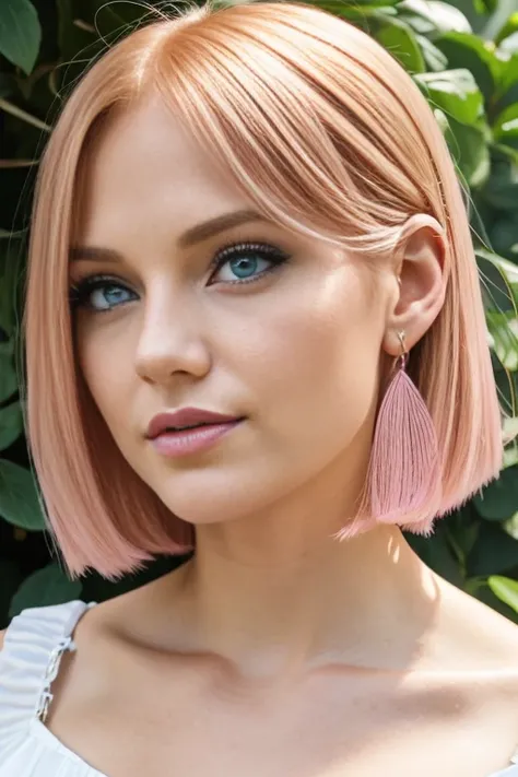 Petite 30 year old woman with light strawberryblonde hair in a straight undercut bob and striking blue eyes wearing eye liner, pink lips, in a white summer dress, detailed face, cleavage, nose ring