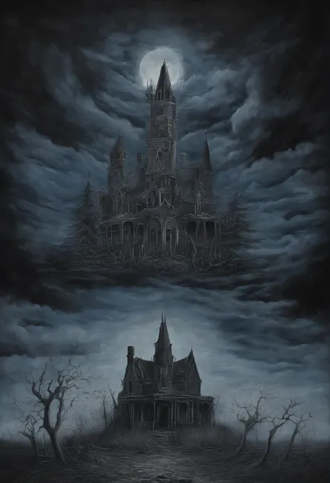 Oil painting of a deep blue sky, A fire, Something new, No estilo de trompe – Loeil Illusionistic Detail, Blink - and - you - lose - details, Wicano, photolithography, Dark and creepy gothic, Romantic Gothic, Dark ornate gothic