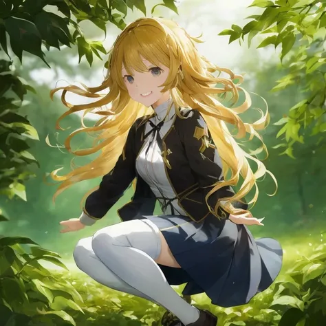 Anime girl with long blonde hair sitting on a tree branch, Fine details. girls frontline, blonde anime girl with long hair, Violet Evergarden, cushart krenz key art feminine, from girls frontline, marisa kirisame, girls frontline style, marin kitagawa fana...