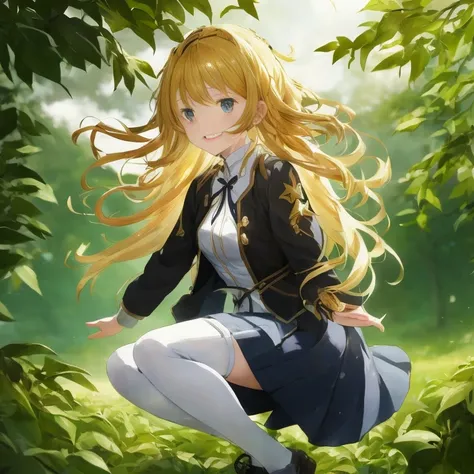 Anime girl with long blonde hair sitting on a tree branch, Fine details. girls frontline, blonde anime girl with long hair, Violet Evergarden, cushart krenz key art feminine, from girls frontline, marisa kirisame, girls frontline style, marin kitagawa fana...