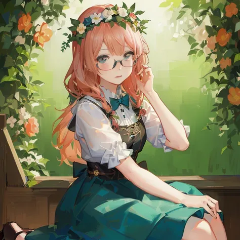 Anime girl with glasses sitting on a bench in front of a floral background, marin kitagawa fanart, high quality portrait, detailed anime character art, kawaii realistic portrait, cushart krenz key art feminine, kawacy, Cute anime waifu in a nice dress, Det...