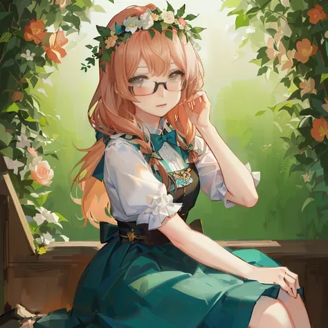 Anime girl with glasses sitting on a bench in front of a floral background, marin kitagawa fanart, high quality portrait, detailed anime character art, kawaii realistic portrait, cushart krenz key art feminine, kawacy, Cute anime waifu in a nice dress, Det...