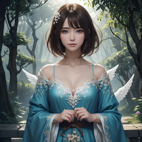 hightquality、8K Ultra HD、fullllbody、1 16-year-old female、Gentle smile、Rich facial expressions、beauty legs、robe blanche、light brown hair、Blue eyes、(The background is a lovely healing forest and wildflowers々is)、Circle of Angels、cute little、Beautiful fece、por...