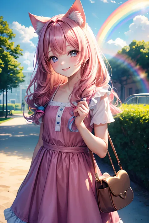 Top quality, high resolution, perfect human structure, background focus, front view, 10 years old, child, park, sandbox, rainbow hair, shiny hair, cat ears, heart shaped pupils , wavy hair, shiny hair, smiling, pink dress, beautiful,