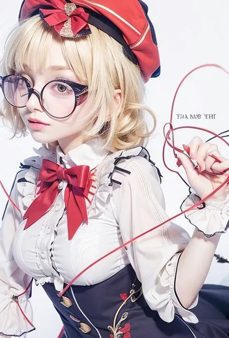 beautiful young women, blonde hair, use glasses, red hat, wearing uniform, hold red string