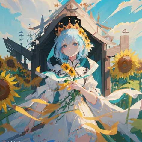 A woman in a white dress with a crown of flowers is standing in a field, Cute anime waifu in a nice dress, Beautiful anime girl, Anime visuals of cute girls, Beautiful maiden, Beautiful Anime Portrait, guweiz, guweiz on pixiv artstation, Beautiful sunflowe...