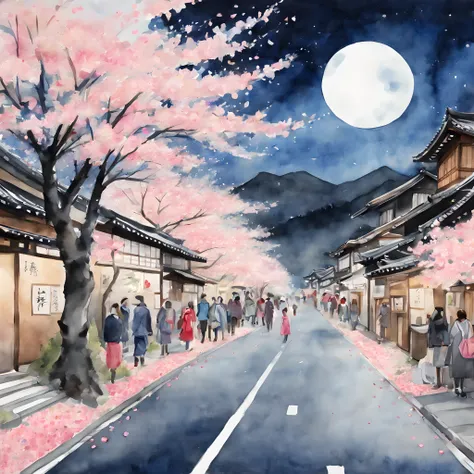 (Cherry blossom And Street:1.5), (ink and watercolor painting:1.5), (Tasteful:1.5), (ink and watercolor painting:1.5), (full color:1.5), 8k, 4k, (landscapes:1.5),(cherry blossom trees:1.5),(wind:1.5),(flying cherry blossom petals:1.5),(moutain street:1.5),...