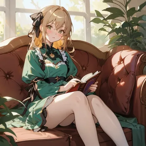 Anime girl sitting on the couch and reading a book, guweiz, guweiz on pixiv artstation, artwork in the style of guweiz, Violet Evergarden, guweiz on artstation pixiv, guweiz masterpiece, loli in dress, Cute anime waifu in a nice dress, high quality portrai...