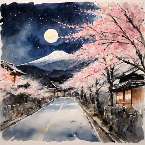 (Cherry blossom And Street:1.5), (ink and watercolor painting:1.5), (Tasteful:1.5), (ink and watercolor painting:1.5), (full color:1.5), 8k, 4k, (landscapes:1.5),(cherry blossom trees:1.5),(wind:1.5),(flying cherry blossom petals:1.5),(cherry blossom stree...