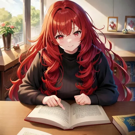 Red-haired anime girl reading a book in her room, marin kitagawa fanart, with curly red hair, guweiz on pixiv artstation, Beautiful Anime Portrait, Cunning smile, Anime Girl with Long Hair, detailed anime art, Anime visuals of cute girls, rpg book portrait...