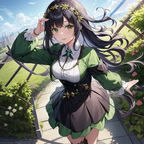 An anime girl with long black hair and a green dress is standing in front of the fence, marin kitagawa fanart, Anime visuals of cute girls, anime moe art style, guweiz on pixiv artstation, high detailed official artwork, Cute anime waifu in a nice dress, g...