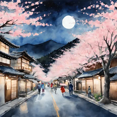 (Cherry blossom And Street:1.5), (ink and watercolor painting:1.5), (Tasteful:1.5), (ink and watercolor painting:1.5), (full color:1.5), 8k, 4k, (landscapes:1.5),(cherry blossom trees:1.5),(wind:1.5),(flying cherry blossom petals:1.5),(cherry blossom stree...