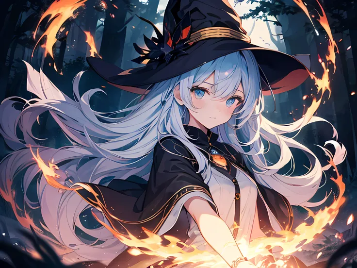 1 woman mage, calm look, beautiful eyes finely detailed, long blue hair gives off light amber light reflections, her clothes are...