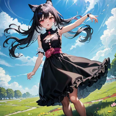 Anime girl in black dress with long hair and cat ears, Very Beautiful Anime Cat Girl, Anime girl with cat ears, anime moe art style, Anime visuals of cute girls, the anime girl is running, beautiful anime catgirl, loli in dress, anime girl wearing a black ...