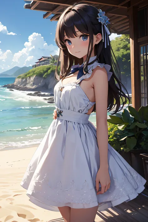 ​masterpiece、Background with（（sea side、sand beach））、15yo student、a beauty girl、small tits、Highly detailed embroidery on the dress、Large ribbon、skirt by the、