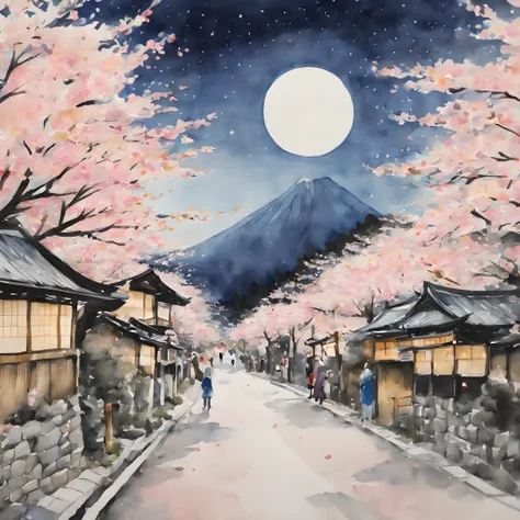 (Cherry blossom And Street:1.5), (ink and watercolor painting:1.5), (Tasteful:1.5), (ink and watercolor painting:1.5), (full color:1.5), 8k, 4k, (landscapes:1.5),(cherry blossom trees:1.5),(wind:1.5),(flying cherry blossom petals:1.5),(cherry blossom stree...