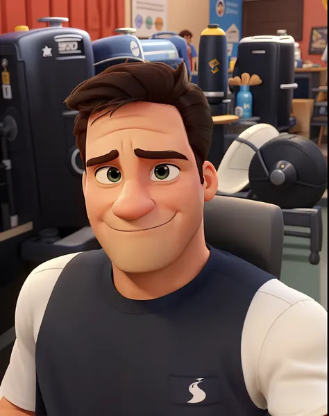 Poster no estilo Disney pixar, alta qualidade, melhor qualidade, homem sexy branco, 30 anos cabelo preto, musculoso, com fundo em uma academia