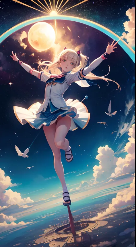 Kawasaki Shiro, Thomas Crane, Surreal, mysterious, bizarre, fantastical, fantasy, Sci-fi, Japanese anime, miniskirt blonde beauty girl Alice riding a merry-go-round in the air, perfect voluminous body, fun action poses, contrail, birds-eye view, floating l...