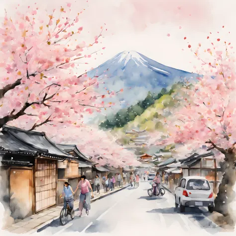 (cherry blossom and street:1.5), (ink and watercolor painting:1.5), (tasteful:1.5), (ink and watercolor painting:1.5), (full col...