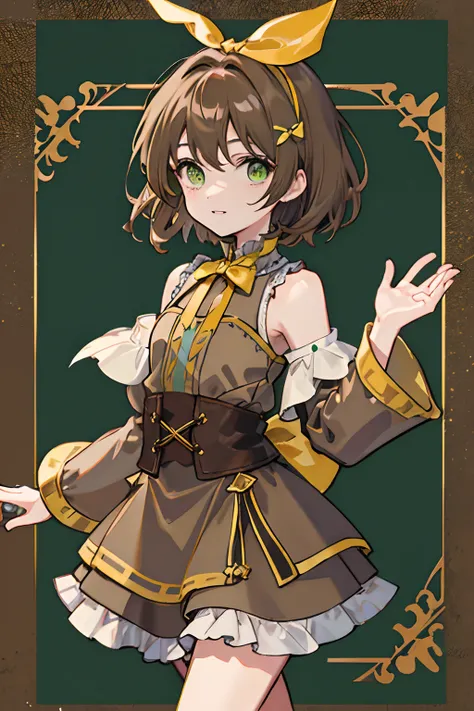 Short brown shoulder-length hair，Green eyes，，Reckless hapless cute girl，medieval times，，Brown clothing，is shy，Yellow bow hairpin，laughingly