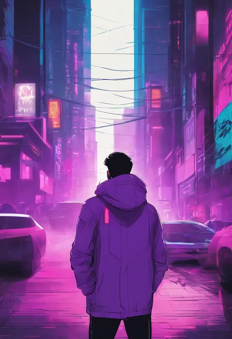 Man with purple jacket standing in the street, , masterpiece epic retrowave art, synthwave art, synthwave art style, synthwave inspired, alena aenami and artgerm, stunning digital illustration, synthwave art style ]!!, style of alena aenami, facing back