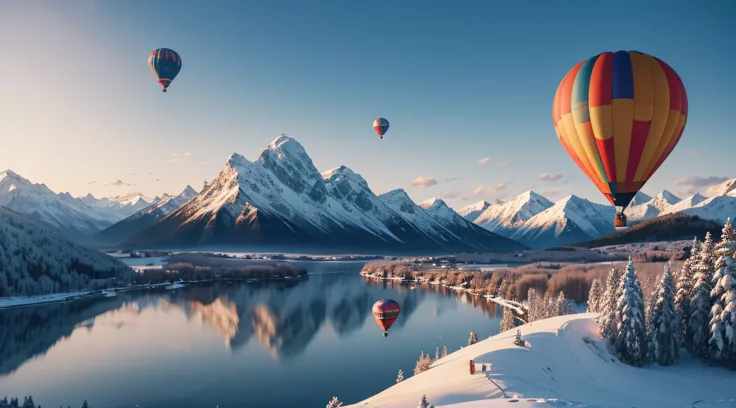 hot air balloon, Nature, Snowy mountains, lakes, (Best quality), (hyper-high detail)