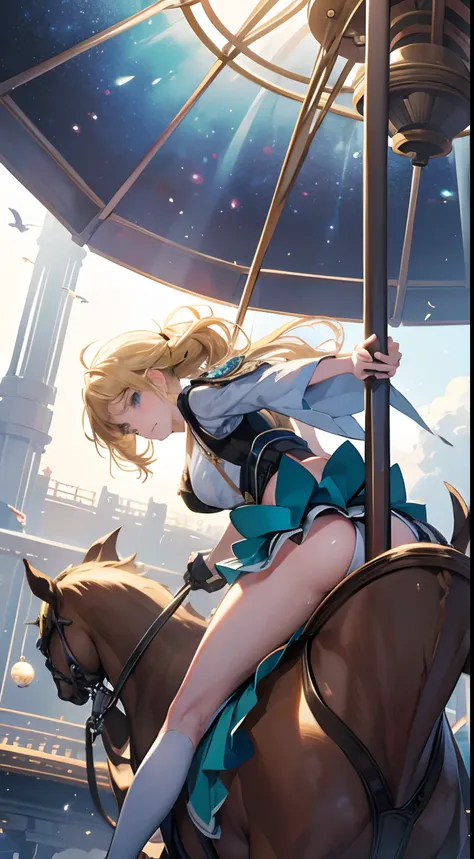 Kawasaki Shiro, Thomas Crane, Surreal, mysterious, bizarre, fantastical, fantasy, Sci-fi, Japanese anime, miniskirt blonde beauty girl Alice riding a merry-go-round in the air, perfect voluminous body, sensual erotic huge it’s, provocative big ass, wet wet...