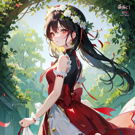 Anime girl in red and white dress with flower crown, Cute anime waifu in a nice dress, Beautiful anime girl, Beautiful Anime Portrait, loli in dress, anime style 4 k, guweiz on pixiv artstation, pretty anime girl, beautiful anime woman, Beautiful anime, gu...