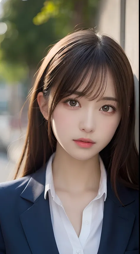 masutepiece, Best Quality, Illustration, Ultra-detailed, finely detail, hight resolution, 8K Wallpaper, Perfect dynamic composition, Beautiful detailed eyes,  Natural Lip,Blazer ,School uniform, cleavage, Full body