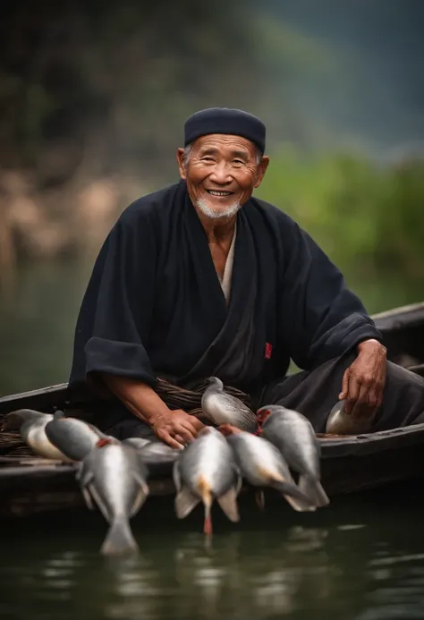 China-style，（ssmile），A bountiful catch，1 Old fisherman，With a cloak，Portrait works，Photographic works，Ultimate detail，Reasonable composition，tmasterpiece，high-class，clean backdrop，figure portrait，8K，Movie light source，high qulity，