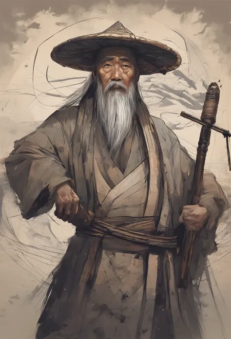 China-style，Old fishermen，With a cloak，Portrait works，Photographic works，Ultimate detail，Reasonable composition，tmasterpiece，high-class，clean backdrop，figure portrait，8K，Movie light source，high qulity，