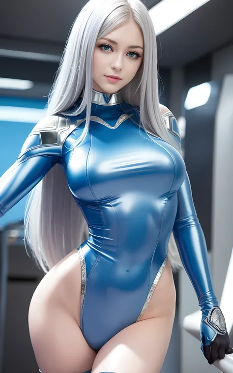 blue eyes, medium shot, stunning proportions, smile, photorealistic, a beauty girl, bodysuit, silver hair, intricate details, large breasts, zero suit