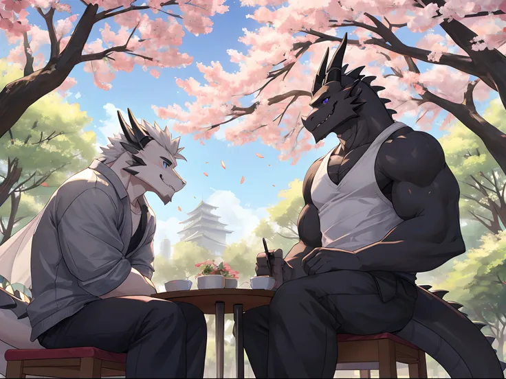 (Best Quality), Duo, 1Male, (Furry Gray Dragon), Blue Eyes, White Medium Hair, Casual Clothes Set, Strong Fit Body, Good Looking, 1Male, (Furry Black Dragon), Purple Eyes, Gray Medium Hair, Gray Facial Hair, Casual Clothes Set, Good Looking, Strong Fit Bod...