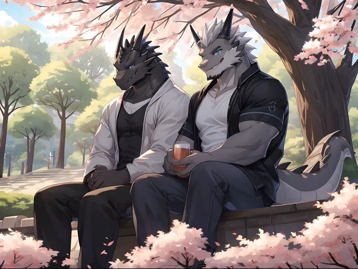 (Best Quality), Duo, 1Male, (Furry Gray Dragon), Blue Eyes, White Medium Hair, Casual Clothes Set, Strong Fit Body, Good Looking, 1Male, (Furry Black Dragon), Purple Eyes, Gray Medium Hair, Gray Facial Hair, Casual Clothes Set, Good Looking, Strong Fit Bod...