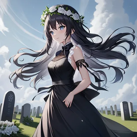 Anime girl in a black dress with a flower crown in a cemetery, anime girl wearing a black dress, guweiz, Gothic Maiden anime girl, hestia, guweiz on pixiv artstation, artwork in the style of guweiz, Beautiful maiden, guweiz on artstation pixiv, Cute anime ...