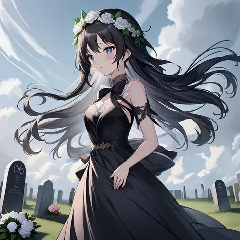 Anime girl in a black dress with a flower crown in a cemetery, anime girl wearing a black dress, guweiz, Gothic Maiden anime girl, hestia, guweiz on pixiv artstation, artwork in the style of guweiz, Beautiful maiden, guweiz on artstation pixiv, Cute anime ...