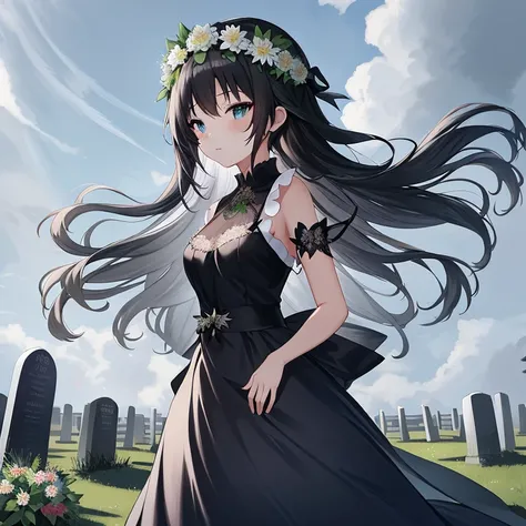 Anime girl in a black dress with a flower crown in a cemetery, anime girl wearing a black dress, guweiz, Gothic Maiden anime girl, hestia, guweiz on pixiv artstation, artwork in the style of guweiz, Beautiful maiden, guweiz on artstation pixiv, Cute anime ...