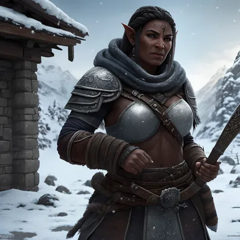 Obra prima melhor qualidade, A Female Orc Warrior, loira, pele branca, olhos azuis, usando capa de couro, On a beautiful winters morning, intrincado extremamente detalhado, 8k, ultra realista