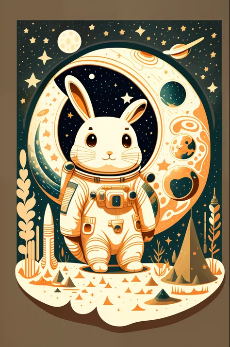 Illustration un lapin astronaute, espace, Fiction scientifique, Personnage mignon, Fond clair, Fond d’éclaboussures abstraites, Conception de t-shirt, Art vectoriel