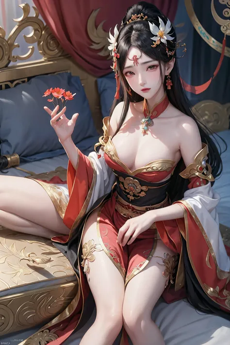 Ancient Chinese Women, above waist，There is a flower tattoo on the bare back，Red and turquoise flowers, on the bed，ukiyo-style, Guviz-style artwork, Guviz, alphonse mucha and rossdraws, a beautiful artwork illustration, by Li Song, by Yang J, Authors：Will ...