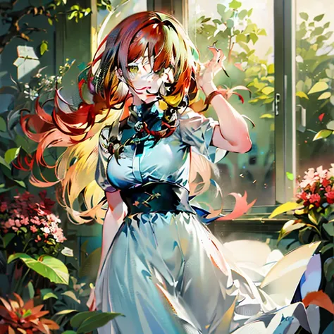 anime girl with long red hair and blue dress standing in front of the window, cute anime waifu in a nice dress, beautiful anime ...