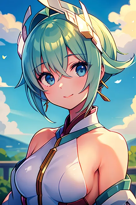 gentle girl, blue eyes, green hair, short hair, mecha headgear, floating hair, delicate and flexible eyes, intricate damask hanf...