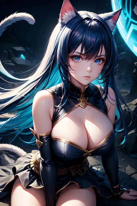 Top quality, high resolution, perfect human structure, background focus, front view, glowing hair, cat ears, blue hair, cleavage, sitting, bangs pinned back, battle dress, determined, glowing eyes