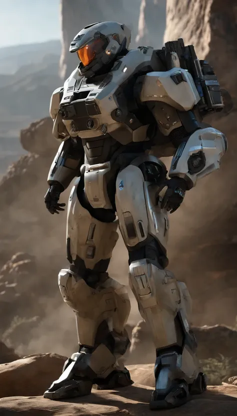 “(best quality,4k,8k,highres,masterpiece:1.2),ultra-detailed,realistic,physically-based rendering,professional,high-tech military exosuit,2 meters tall,mecha,plasma cannon on the right shoulder,missile launcher on the left shoulder,Gatling machine gun on t...