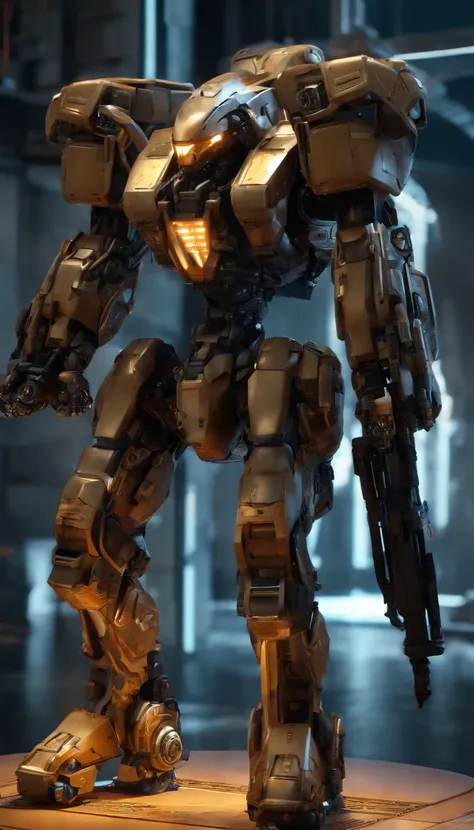 (best quality,highres),(military,future,high-tech:1.1),powerful mech suit,standing at 2 meters tall,armed with a Gatling gun in the left hand,a missile launcher on the left shoulder,and a plasma cannon on the right shoulder,ultra detailed,realistic,metalli...