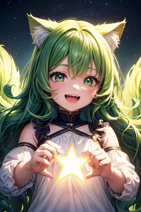 Top quality, high resolution, perfect human structure, background focus, front view, glowing hair, cat ears, green hair, 3 years old, child, multicolored hair, laughing happily, star-shaped pupils , wavy hair