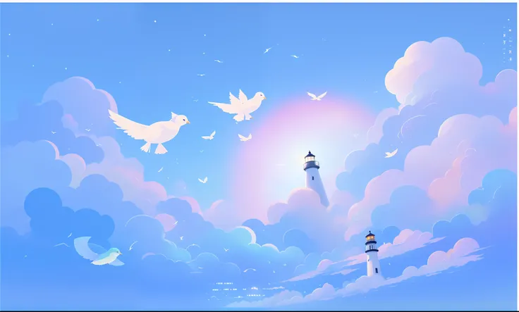 There are many birds flying in the sky above the lighthouse, dreamlike illustration, blurry and dreamy illustration, blurry and dreamy illustration, in the style of makoto shinkai, luminous sky heaven background, far away dreamy atmosphere, paradise backgr...